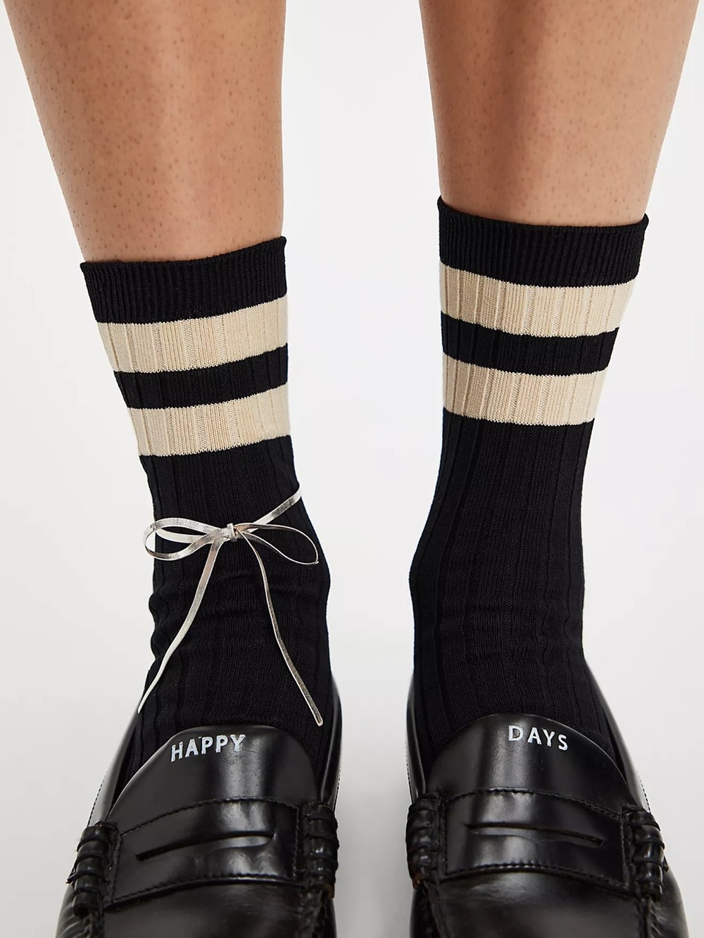 LE BON SHOPPE HER VARSITY SOCKS COTTON BLEND BLACK WITH CREAM STRIPES OS NWT